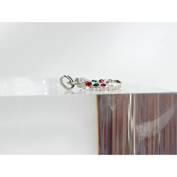 Christmas Wreath Green & Red Rhinestone 925 Sterling Silver Vintage Pendant - Picture 8 of 10